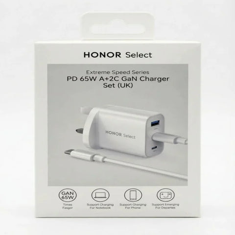 HONOR Select Power Adapter (65W, 3-Ports, GaN) PD With C-C Cable 2M - White