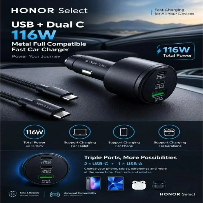 HONOR Select Car Charger 116W PD 2C 1A With C-C Cable 1M - Black