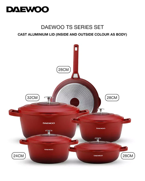 Daewoo TS Series Granite Cooking Set of 9 Pcs (32, 28, 24 cm Pot, 28 cm Pan, 28 cm Casserole) with 4 Pcs Silicone Pot Handle - Red