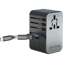 شاحن السفر RAVPower RP-PC1061 GaN ثلاثي المنافذ بقوة 70 وات مع كابل USB-C مدمج ومحول طاقة عالمي 