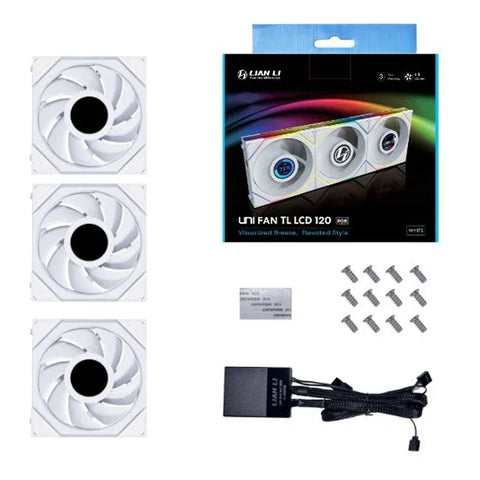 LIAN LI UNI FAN TL LCD 120mm ARGB Cooling Fan with 1.6" LCD Screen (Pack of 3) - White