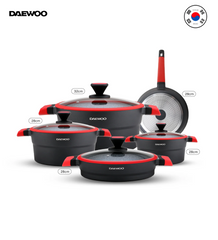Daewoo 9-Piece Cookware Set – Die-Cast Aluminum, Granite Non-Stick Coating, Induction , Chemical-Free – 32cm, 28cm, 24cm Pots, 28cm Fry Pan with Removable Handle, Shallow Casserole, black & red, X series (pre - order)