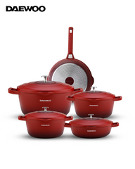 Daewoo Cast Aluminum Cookware 9 piece Set with Premium 5-Layer Non-Stick Granite Coating Pots: 32cm, 28cm, 24cm , Fry Pan: 28cm , red , Shallow Casserole ,Silicone Utensils & Pot Protectors  Induction , Oven Safe ,Chemical-Free (pre - order) .