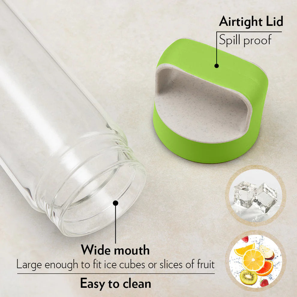 Borosil Borosilicate Glass Water Bottle with Leakproof Airtight Lid, Fridge Safe Wide Mouth Clear Bottle