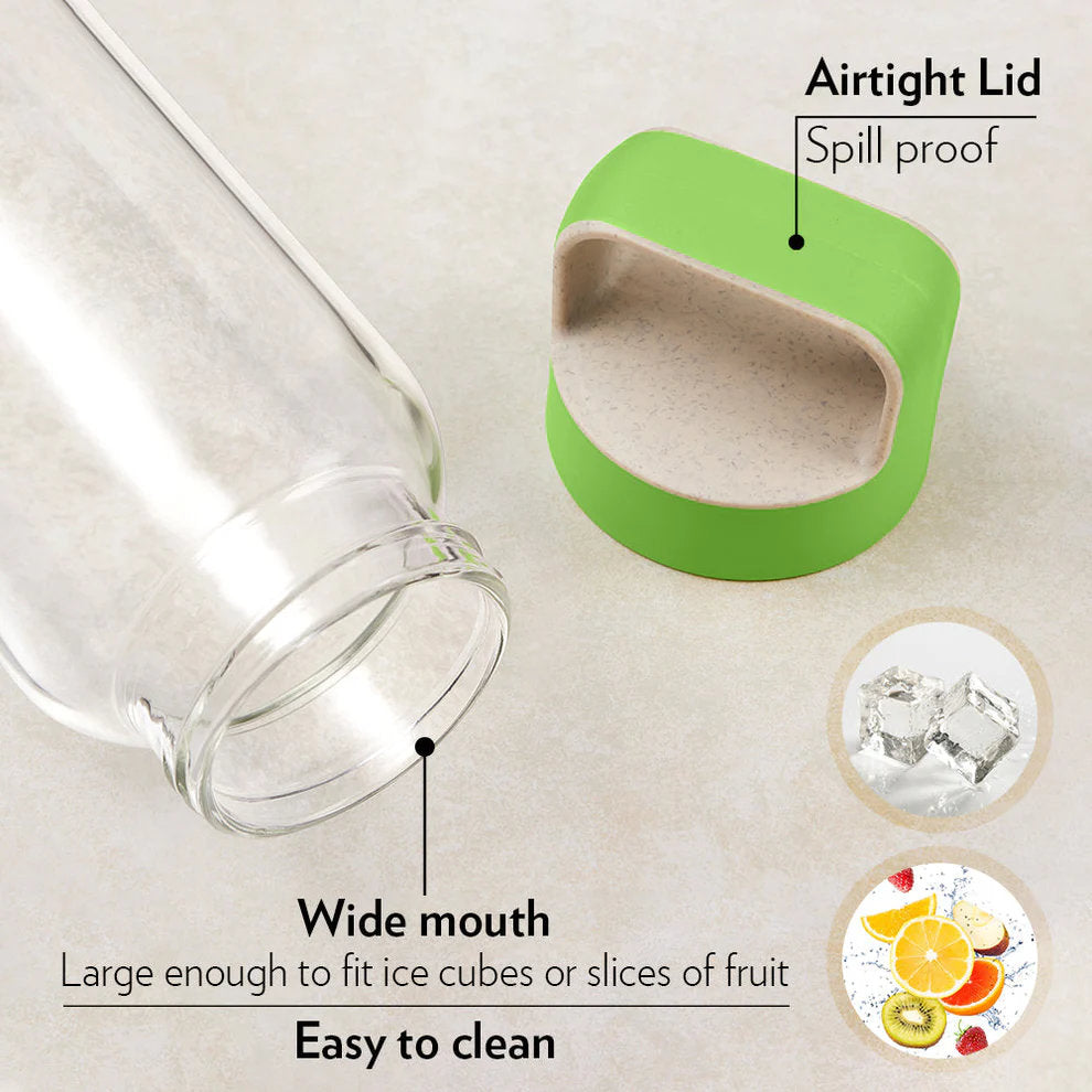 Borosil Borosilicate Glass Water Bottle with Leakproof Airtight Lid, Fridge Safe Wide Mouth Clear Bottle