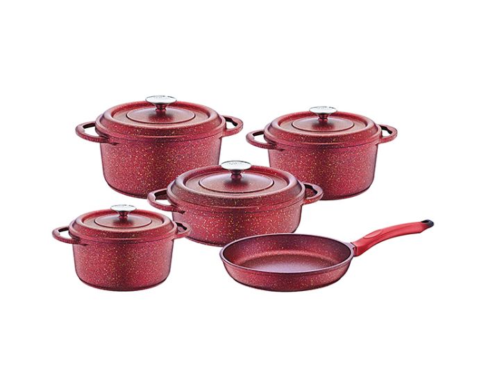 OMS 9pcs Ocaliptus Granite Cookware Set Red
