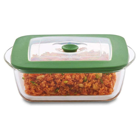 Borosil Square Borosilicate Glass Baking and Storage Dish with Green Airtight Lid