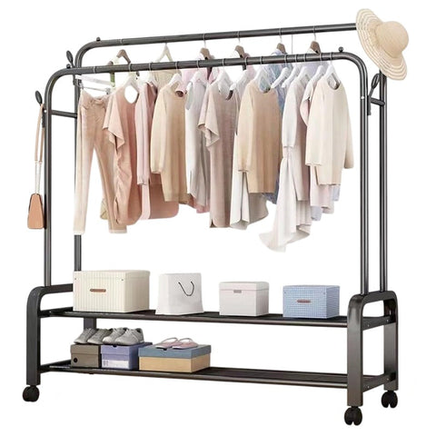 Double Layer Metal Clothes Rack with Wheels