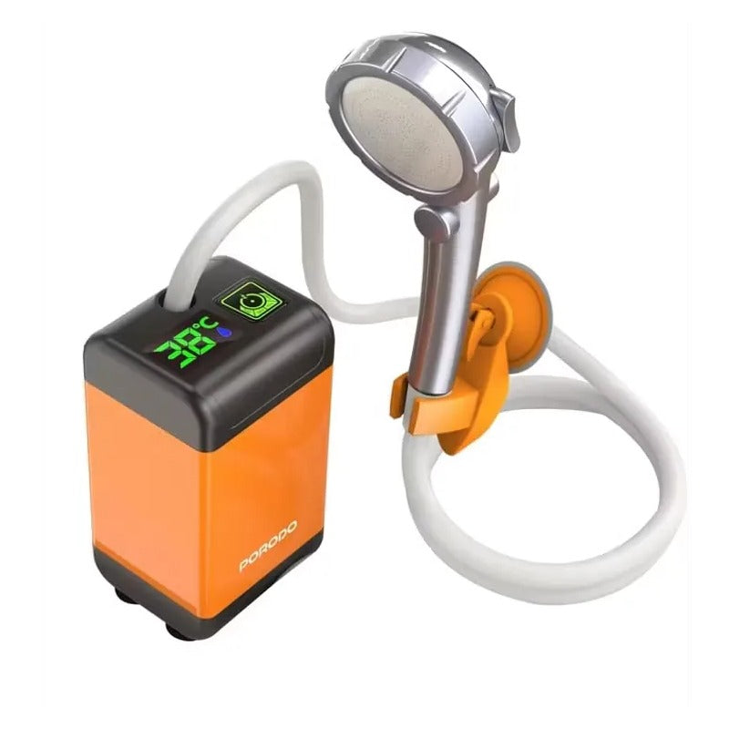Porodo Portable Camping Shower Pump with 7800mAh Rechargeable Battery, Digital Temperature Display and Multi Spray Modes - Orange