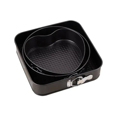 3-Piece Carbon Steel Springform Cake Mould Set with Removable Bases & Quick-Release Buckles – Round, Square & Heart Shape