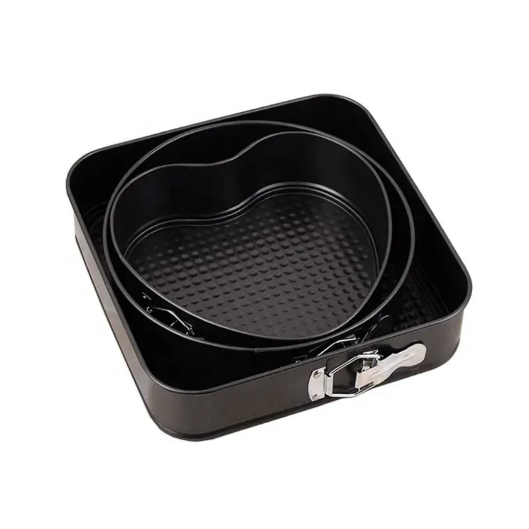 3-Piece Carbon Steel Springform Cake Mould Set with Removable Bases & Quick-Release Buckles – Round, Square & Heart Shape