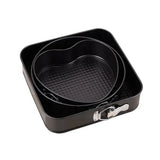 3-Piece Carbon Steel Springform Cake Mould Set with Removable Bases & Quick-Release Buckles – Round, Square & Heart Shape