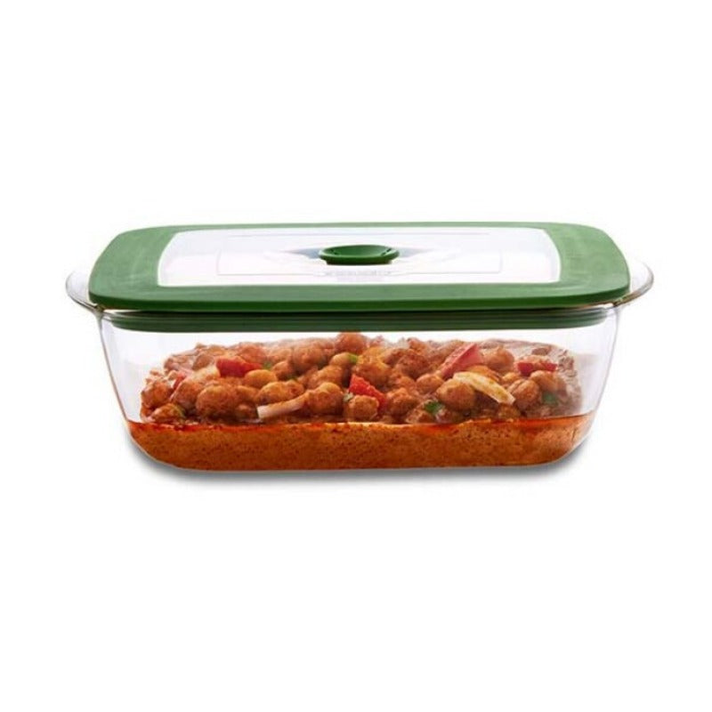 Borosil Square Borosilicate Glass Baking and Storage Dish with Green Airtight Lid