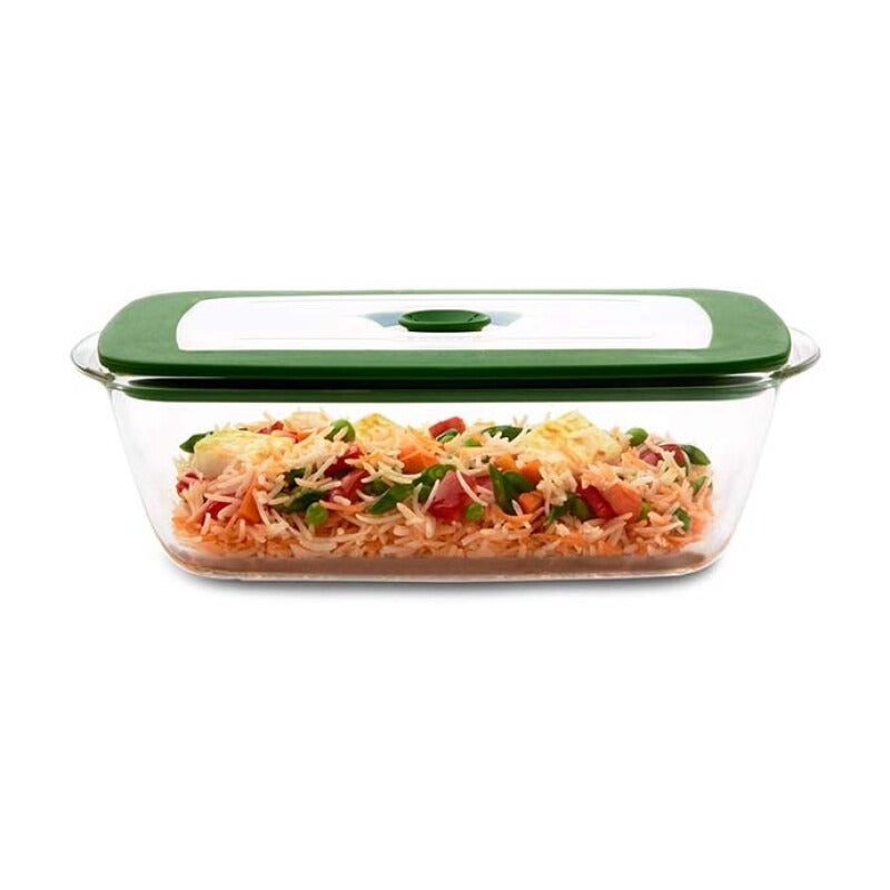 Borosil Rectangular Borosilicate Glass Storage and Baking Dish with Green Lid – 2.6 L