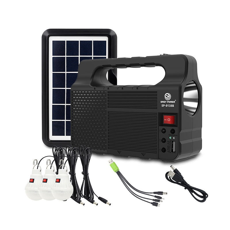 Easy Power Solar Lighting System with 3 LED Bulbs 3600mAh Battery Portable Solar Generator with USB Phone Charging Torch & Multi Output Cables Model