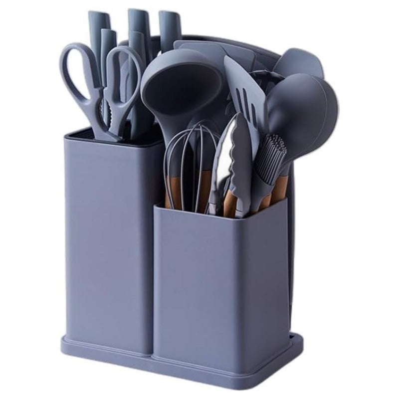 Premium 19-Piece Silicone Kitchenware & Knife Set with Cutting Board & Holding Stand