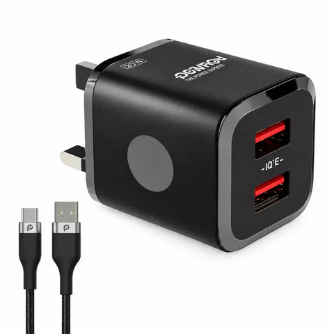 شاحن Powero+ البريطاني الصغير بمنفذي USB وبخرج 3.1A مع كابل Micro USB مضفّر - أسود