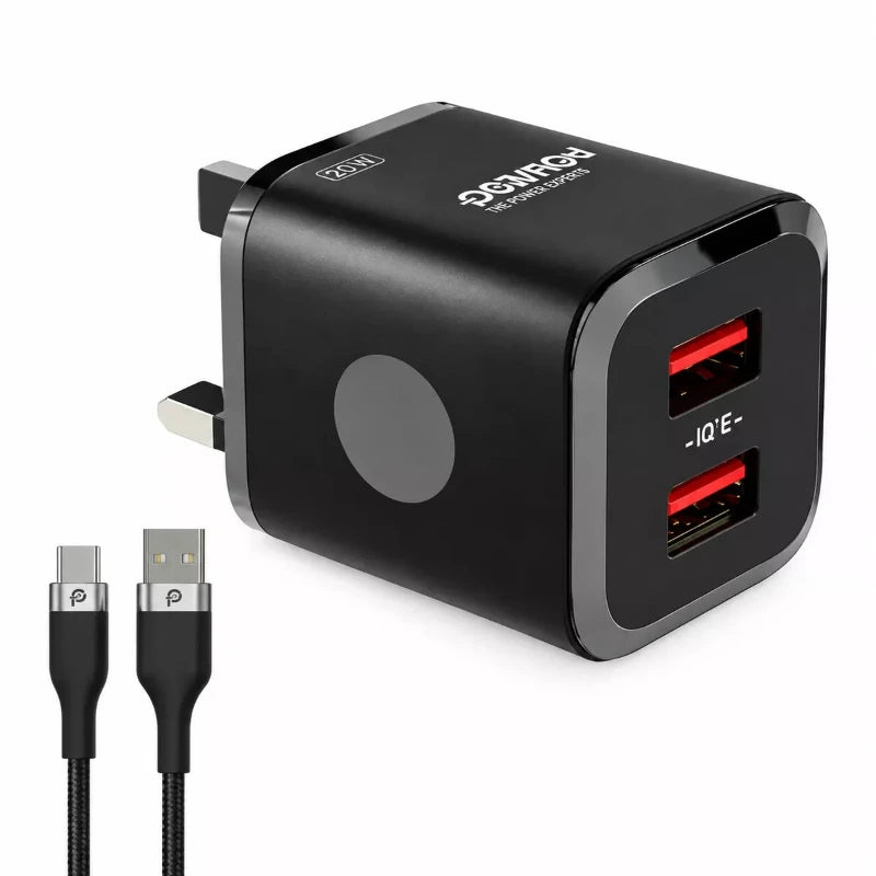 شاحن Powero+ البريطاني الصغير بمنفذي USB وبخرج 3.1A مع كابل Micro USB مضفّر - أسود