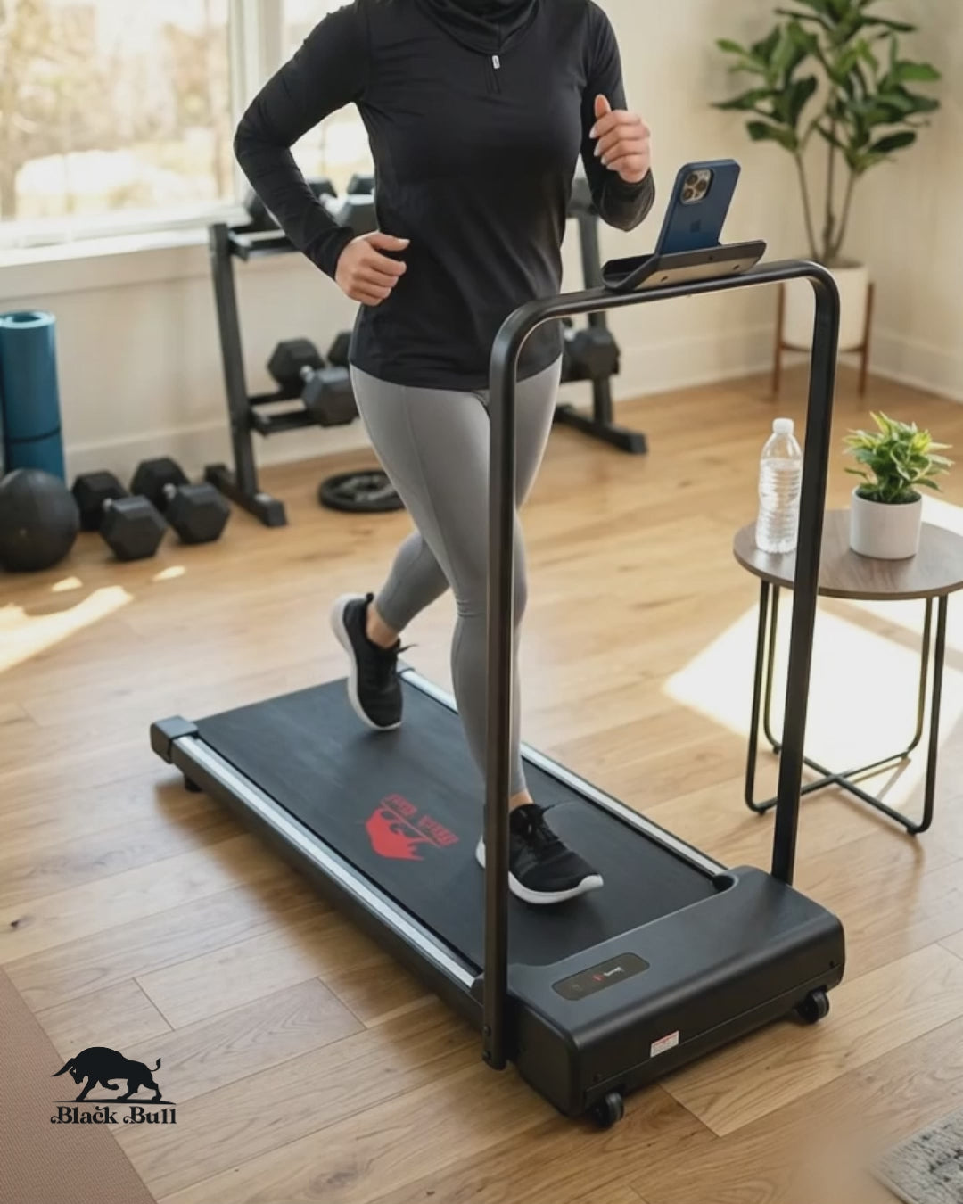 Black Bull Treadmill with Vibration Function, Handrail & App | 2HP Peak Motor, 1–8 km/h, 100kg Capacity