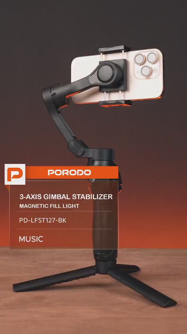 Porodo 3-Axis Gimbal Stabilizer with Magnetic Fill Light, Smart Tracking & 3600mAh - Black