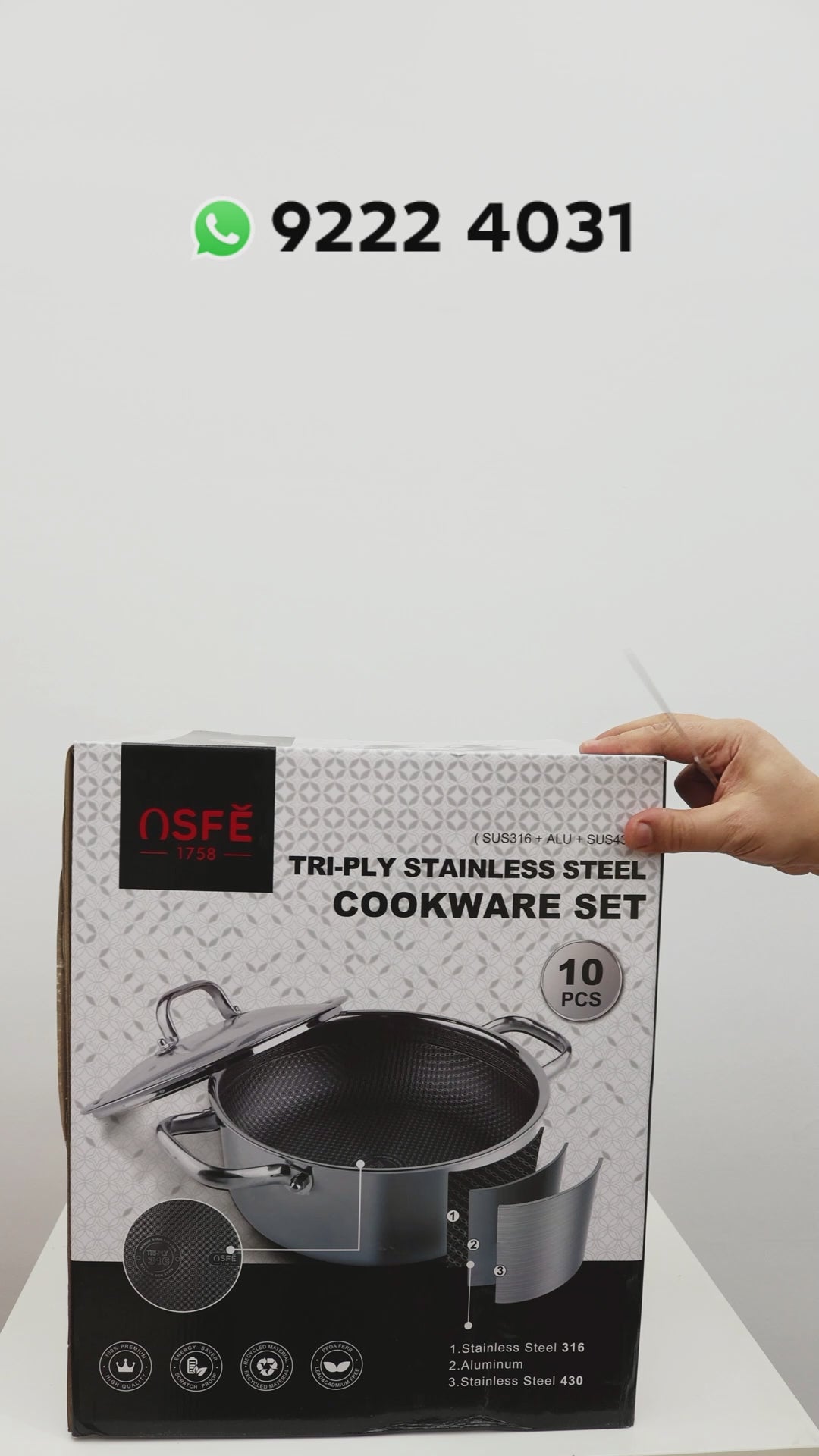 OSFE Home Cooking 316 High Quality 10-Piece Luxury Triply Stainless Steel Non Stick Cookware Set With Glass Lid (32-28-24-20 cm Pots and Pan 28 cm)