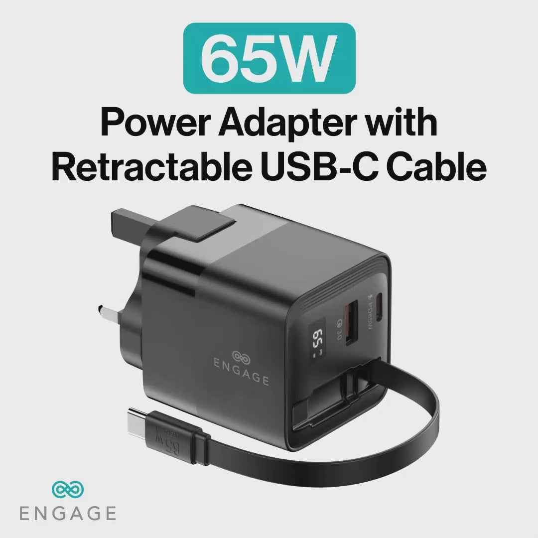 Engage, Dual Port USB-C + USB-A GaN Power Adapter (65W) with USB-C Cable