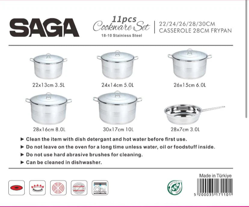 Saga H1711 Stainless Steel Cookware Set - 11 Pcs,  High-Quality 18/10 Stainless Steel