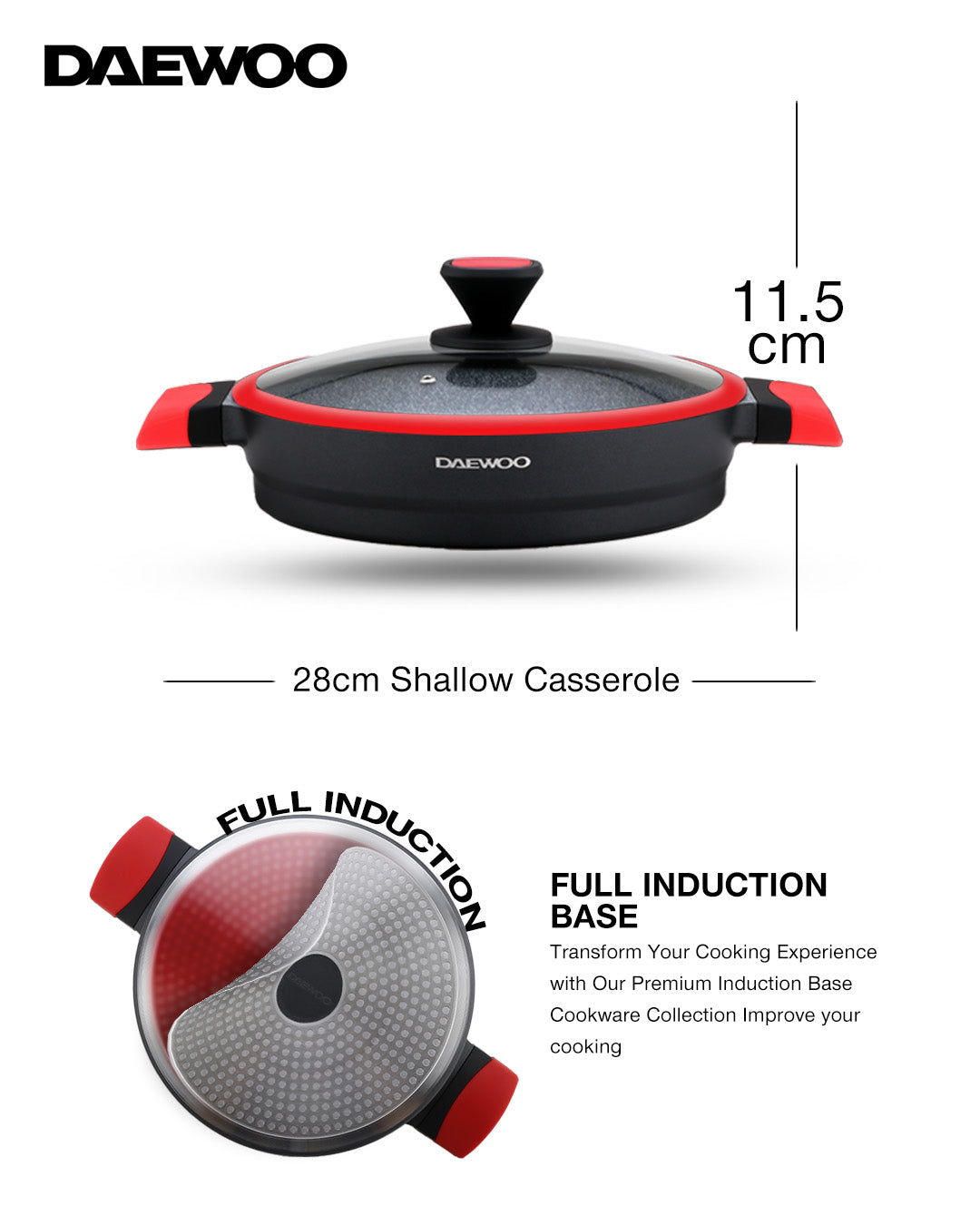 Daewoo 28 cm Die-Cast Aluminum Shallow Casserole with Lid, Non-Stick Granite Coating, Full Induction Base, Handle – Dual-Color Silicone Grip with Soft-Touch Bakelite Core, Silicone Utensils & Pot Protectors, Red-black, Chemical-Free