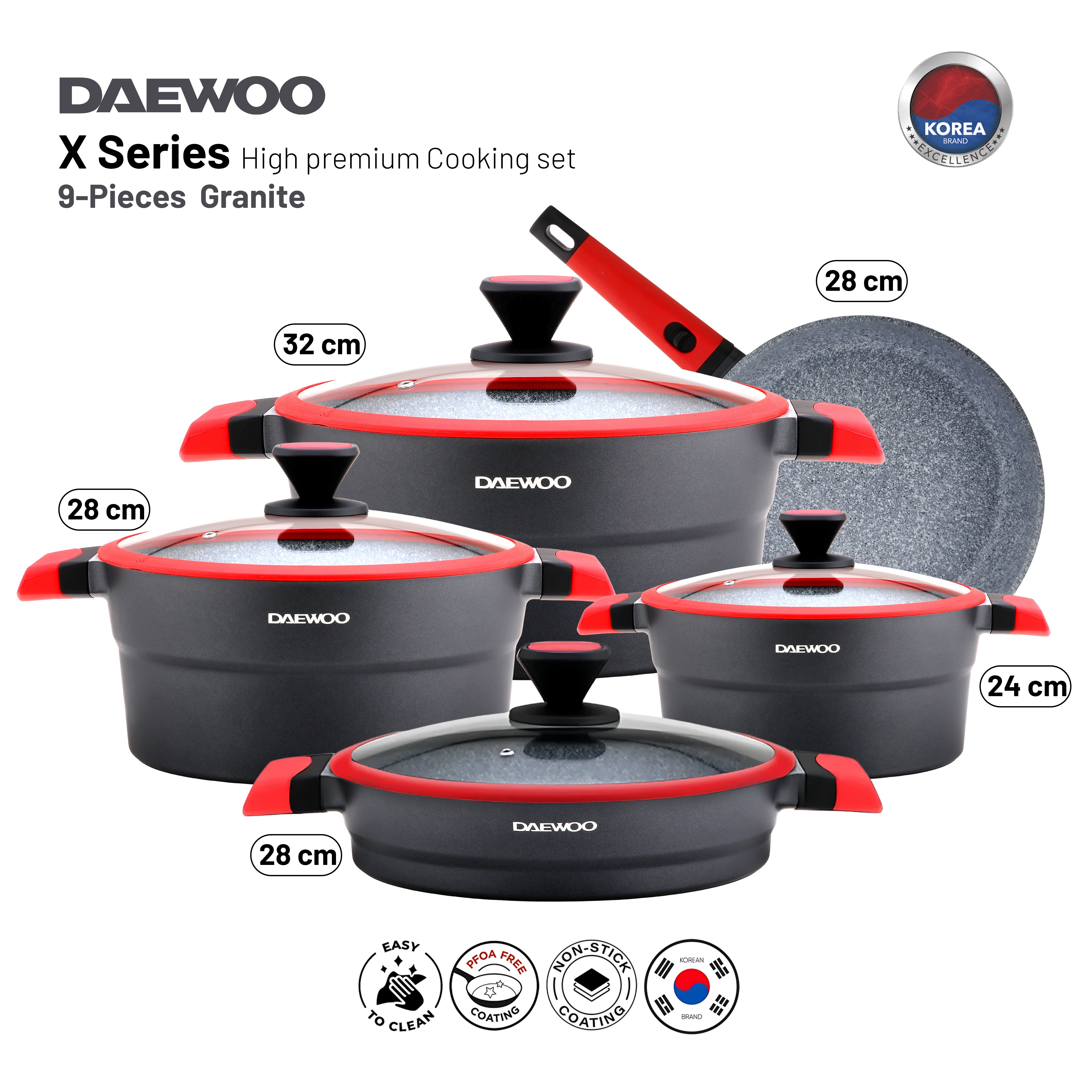 Daewoo X Series 9-Piece Granite Cooking Set - Black/Red