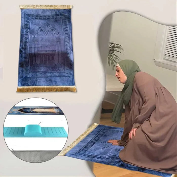 Blue 70×110 CM 8CM Memory Foam Prayer Rug, Soft Non-Slip Polyester Prayer Mat with Knee Support, Washable Muslim Prayer Mat for Home, Mosque & Travel