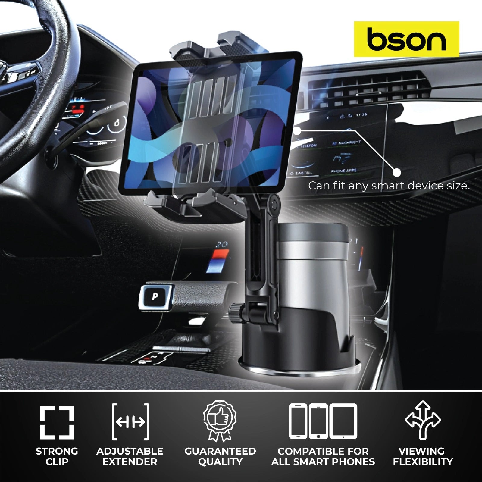 BSON Cup Phone Holder - 2-in-1 with Adjustable Extender & Strong Clip