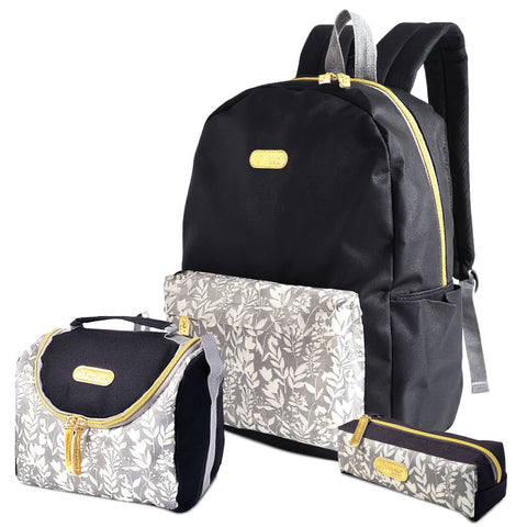 Black backpack with floral-patterned pouches on a white background