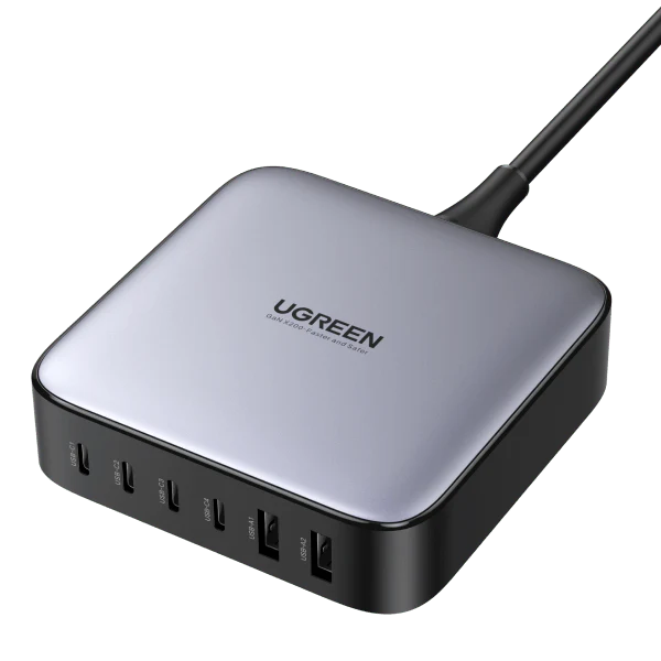 شاحن UGREEN Nexode السريع لسطح المكتب من GaN بستة منافذ، بقوة 200 واط، المملكة المتحدة (رمادي فضائي)