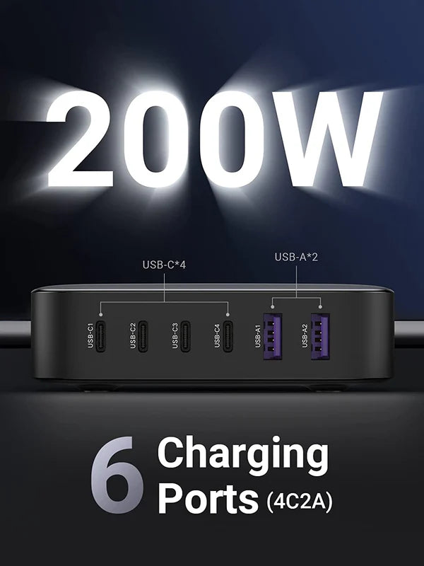 شاحن UGREEN Nexode السريع لسطح المكتب من GaN بستة منافذ، بقوة 200 واط، المملكة المتحدة (رمادي فضائي)