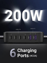 شاحن UGREEN Nexode السريع لسطح المكتب من GaN بستة منافذ، بقوة 200 واط، المملكة المتحدة (رمادي فضائي)