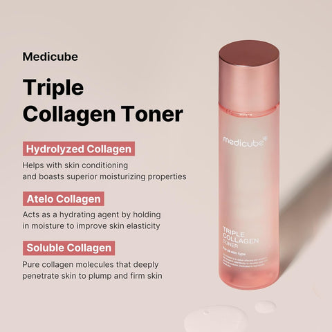 Medicube Triple Collagen Toner - Hydrolyzed, Atelo, & Soluble Collagen for Deep Hydration & Plump Skin - Fast-Absorbing Formula for All-Day Suppleness, Korean Skincare