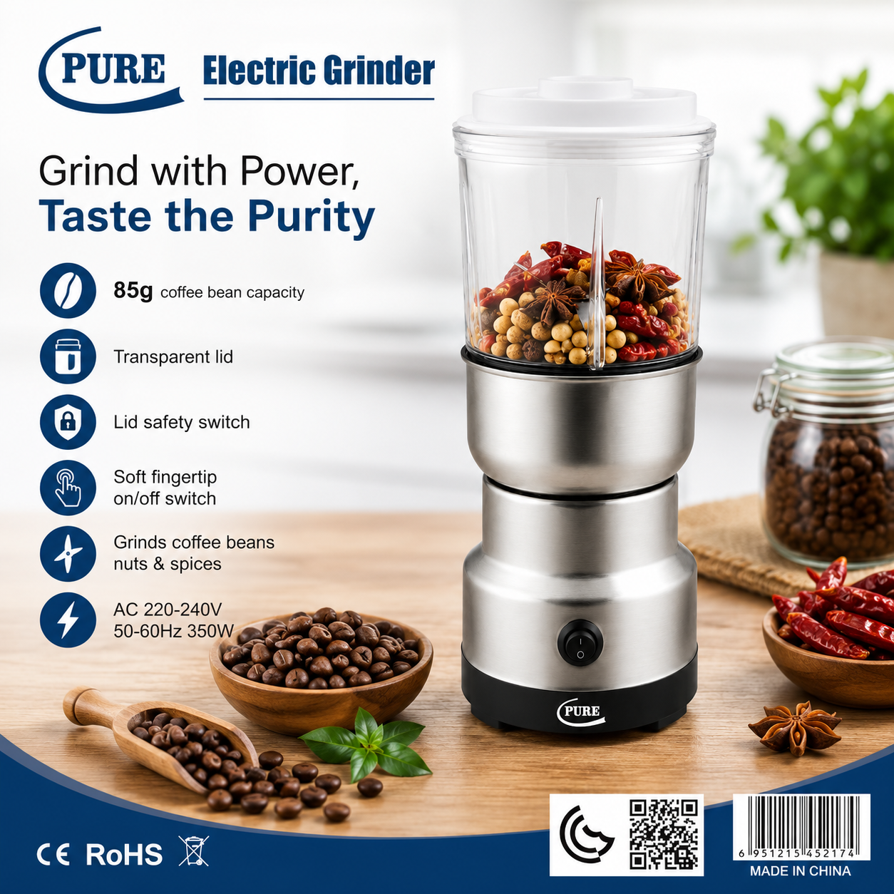 PURE 2-in-1 Electric Kitchen Grinder for Coffee, Nuts, Grains & Spices – 350 W