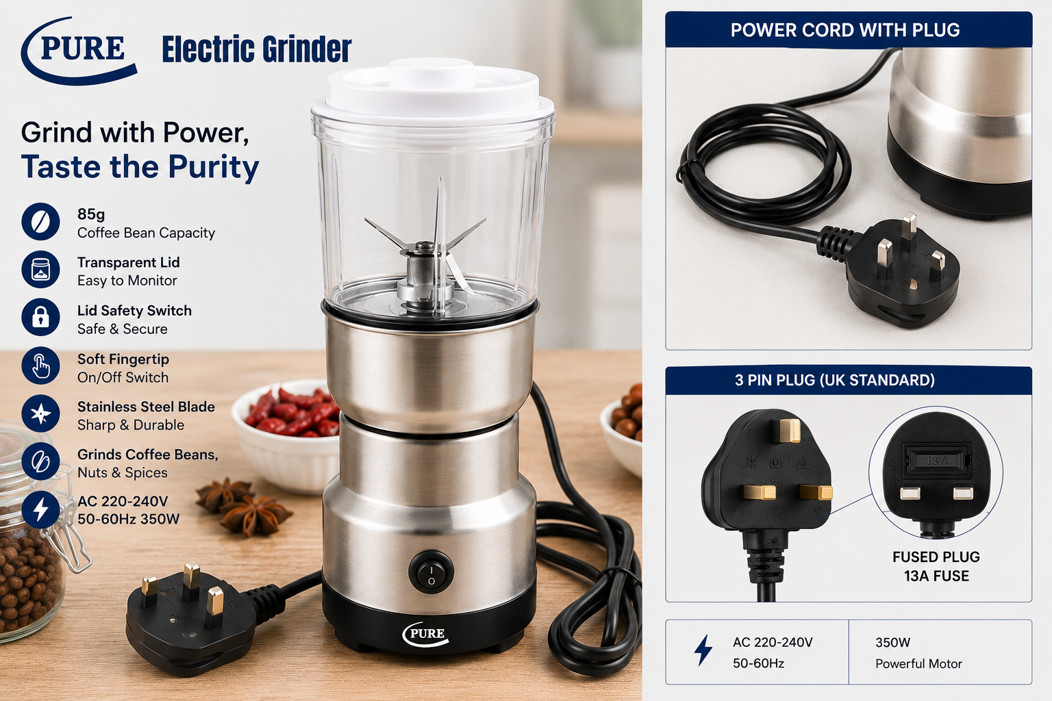 PURE 2-in-1 Electric Kitchen Grinder for Coffee, Nuts, Grains & Spices – 350 W