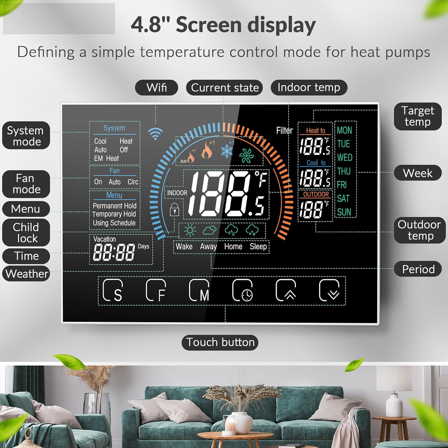 Gopeta, Smart Wifi Thermostat for Home, 4.8" Touch Screen